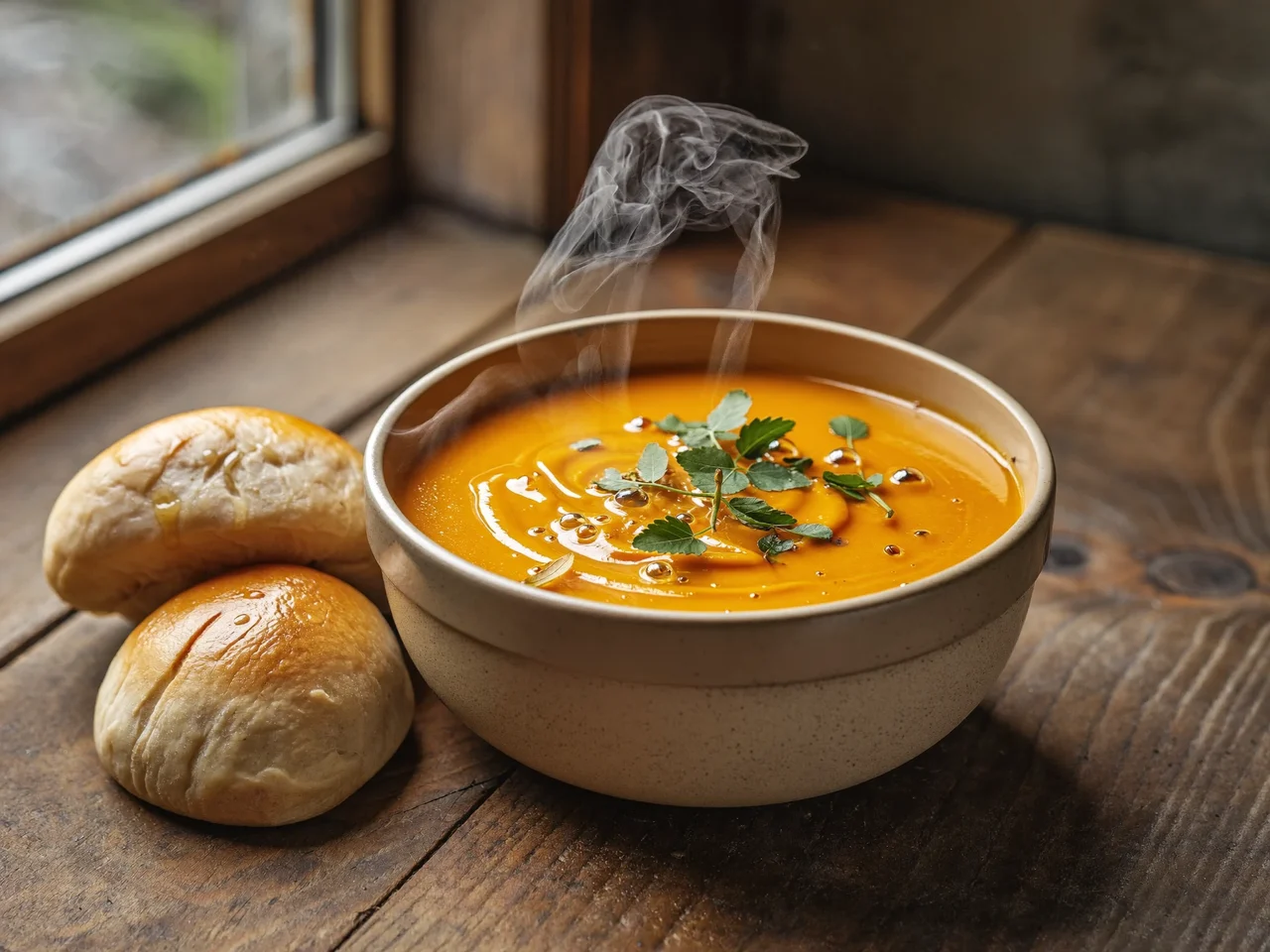 Cremige Kürbissuppe in tiefer Keramikschale neben einem weichen Brötchen