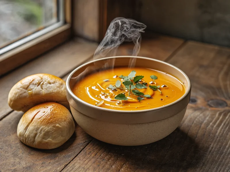 Cremige Kürbissuppe in tiefer Keramikschale neben einem weichen Brötchen