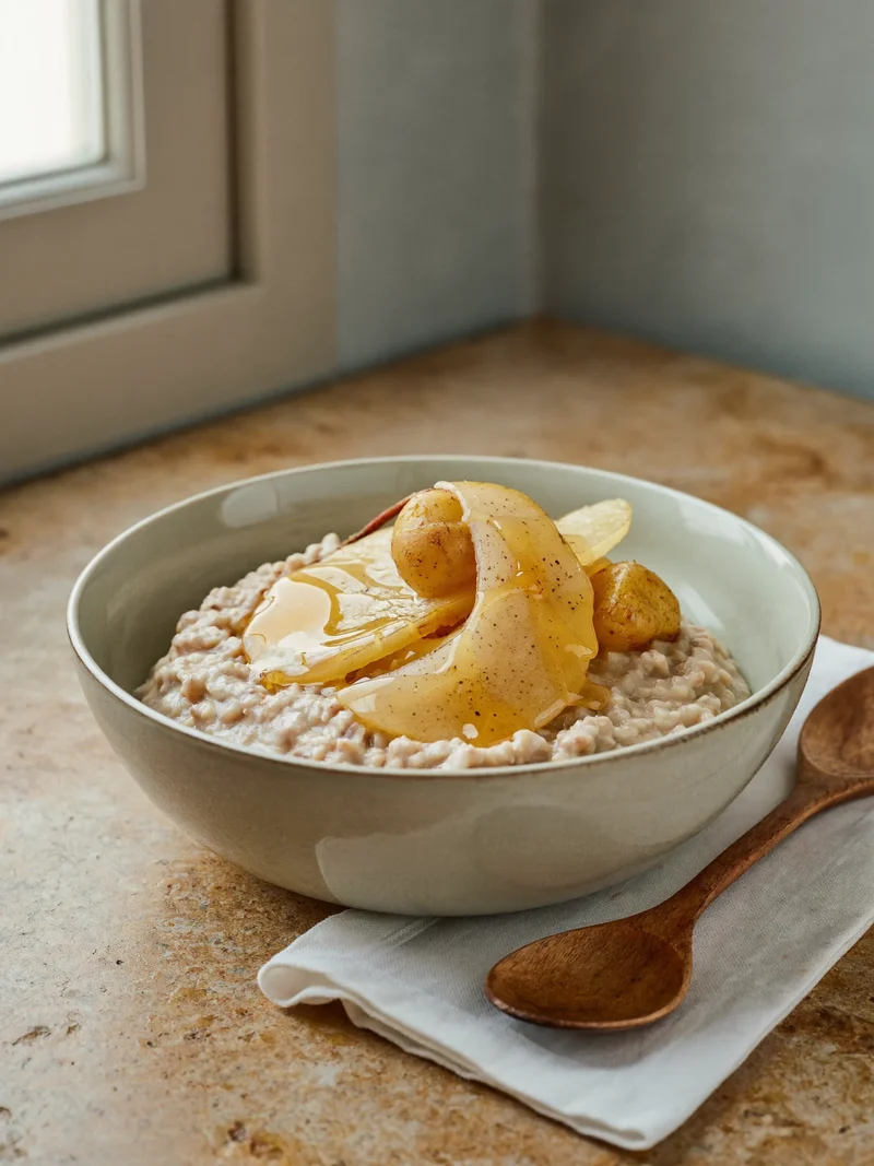 Weicher Haferbrei mit Birnenkompott und Honig, daneben ein Holzlöffel